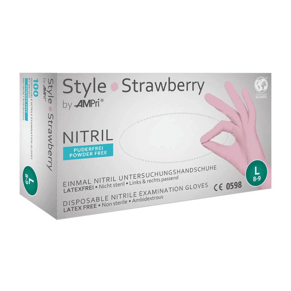 Style Strawberry - AMPri - Nitril Einweghandschuh Handschuhbox des nitril Einweghandschuhs Style Strawberry by AMPri in Größe L