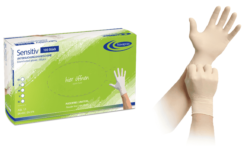 NP-Sensitiv-Box-und-HS Novaprax Sensitiv PF Latexhandschuh unsteril, puderfrei